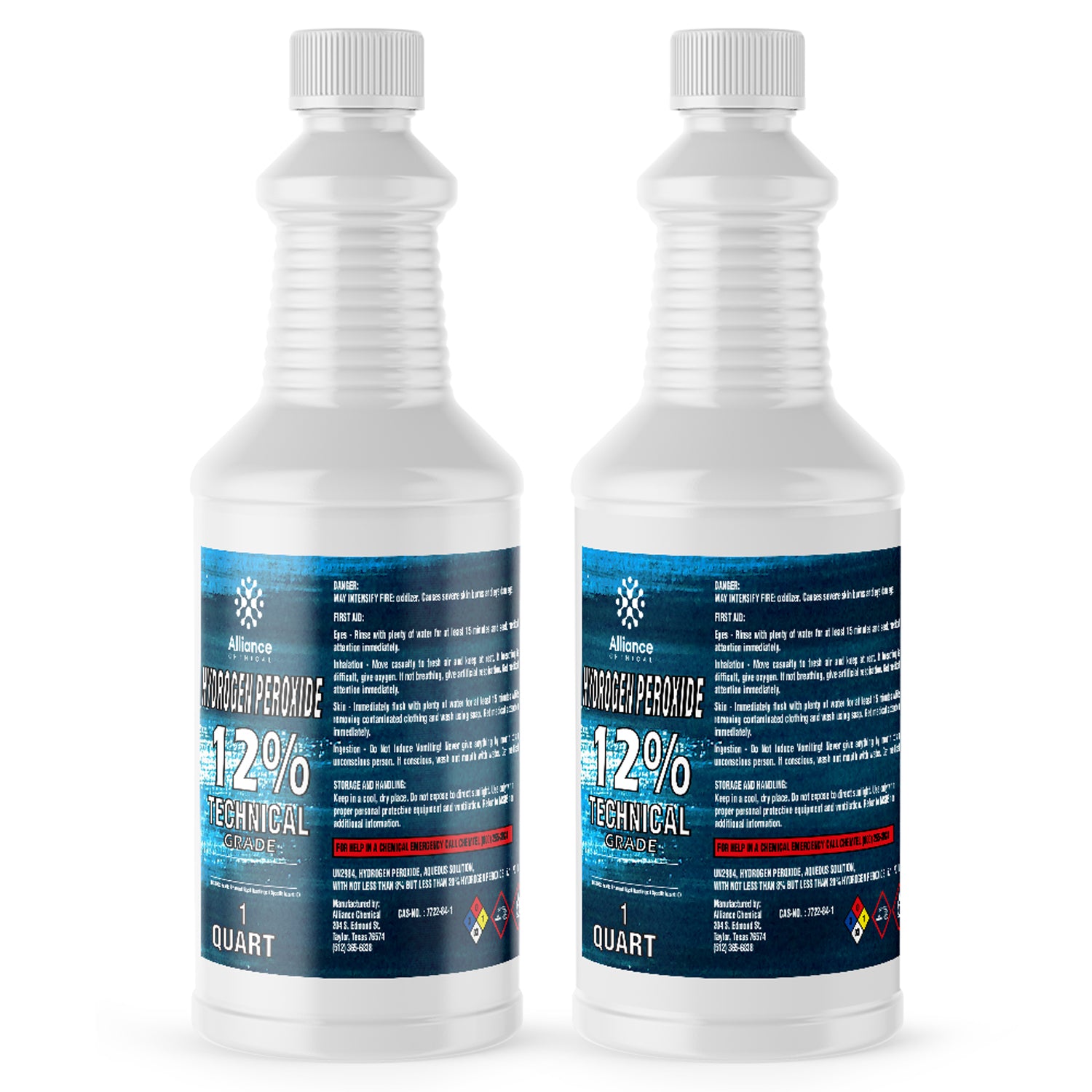 1-quart bottles of Alliance Chemical 12% Technical Grade Hydrogen Peroxide in white HDPE containers with blue labels and NFPA hazard diamonds.